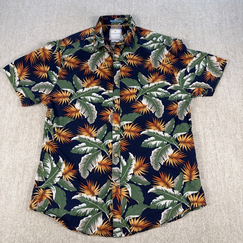 Denim & Flower Shirt Men Large Ricky Singh Floral‎ Hawaiian Button Up Beach